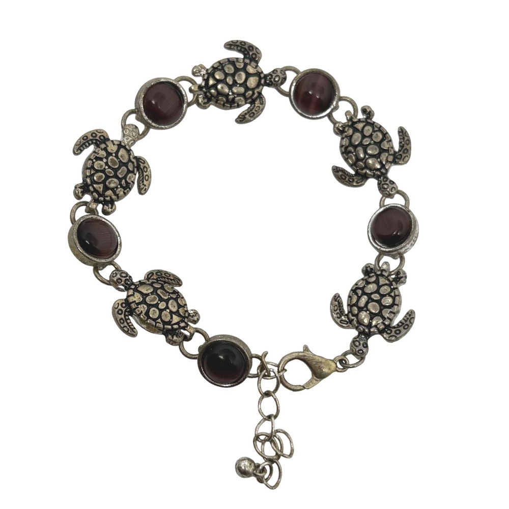 Sea Turtle Link Bracelet Silver Tone Purple Brown Cats Eye  Adjustable 7.5-9"